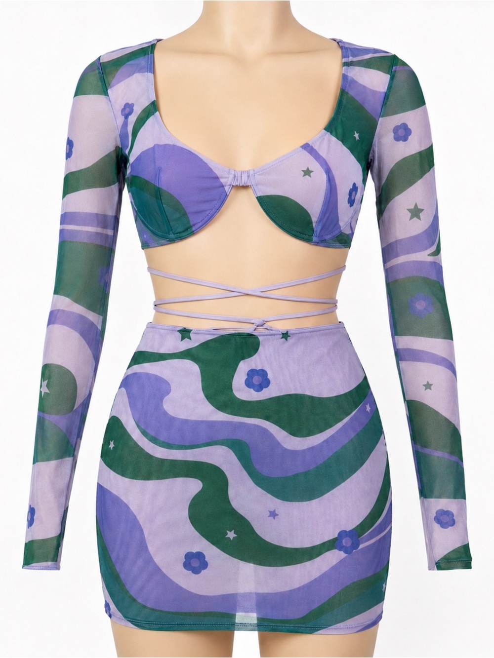 Lucy in the Sky Retro Swirl Mesh Crop Top Mini Skirt Set Size Medium